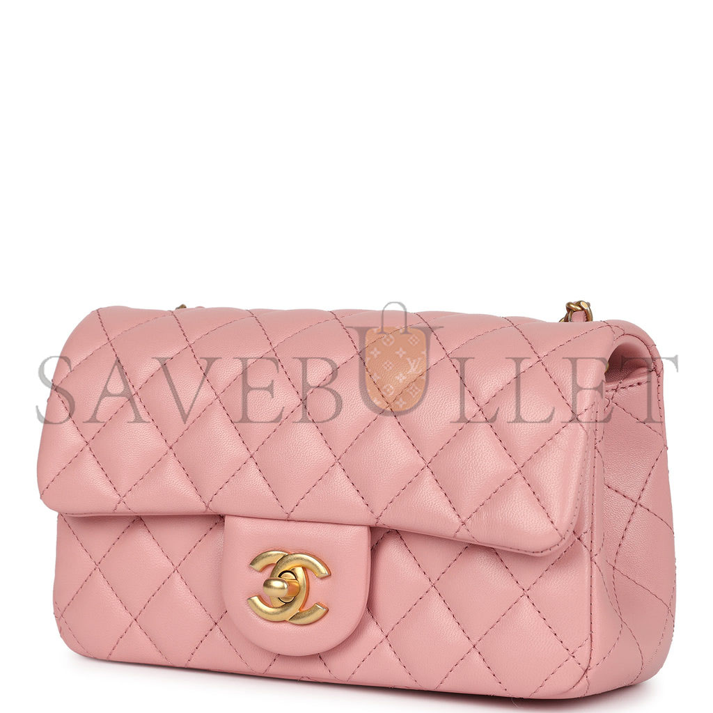 CHANEL MASTER LARGE MINI PEARL EMBOSSED RECTANGULAR FLAP DARK PINK LAMBSKIN BRUSHED GOLD HARDWARE (20*13*7cm)